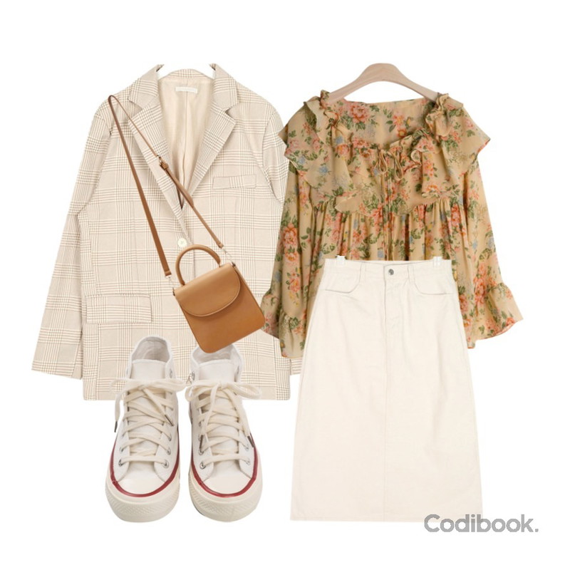 AIN button control A-line skirt,GIRLS RULE 엠마 캉캉 오프 블라우스 (bl749),AIN meet soft check jacket등을 매치한 코디