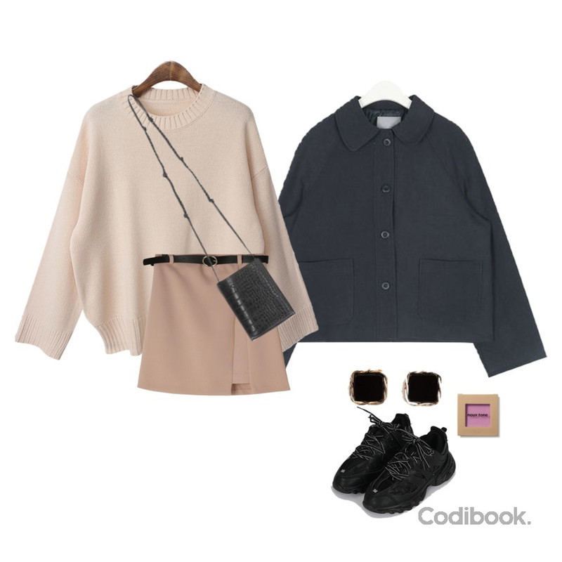 GIRLS RULE 에코 랩st 벨트 스커트 (sk1734),AIN toy casual short jacket,BACHO 브이스 라운드넥 니트등을 매치한 코디