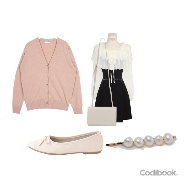 LOVELY SHOES 셀란츠 리본 플랫슈즈 1cm,common unique [OPS] PLIN MIX FRILL FLARE MINI OPS,AIN mark baby wool cardigan등을 매치한 코디