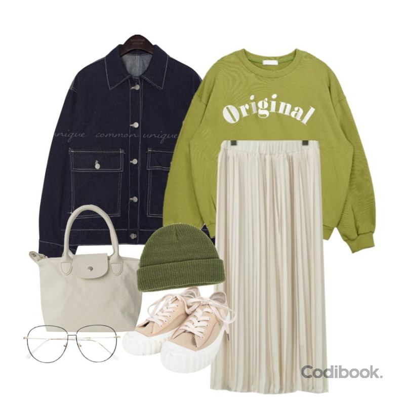 common unique STITCH WIDE POCKET DENIM JACKET,MIXXMIX Original Sweat Shirt,From Beginning Vanilla pleats long skirt_YK (size : free)등을 매치한 코디
