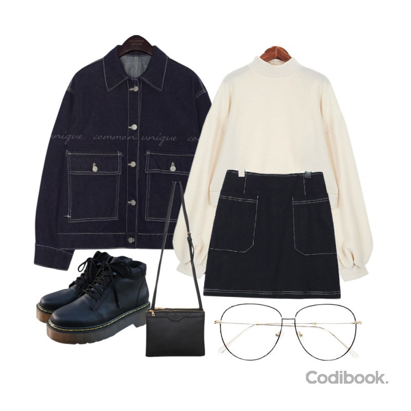 common unique [SKIRT] LINEN STITCH POCKET MINI SKIRT,common unique STITCH WIDE POCKET DENIM JACKET,ROCOSIX 샤샤 폴라 니트등을 매치한 코디
