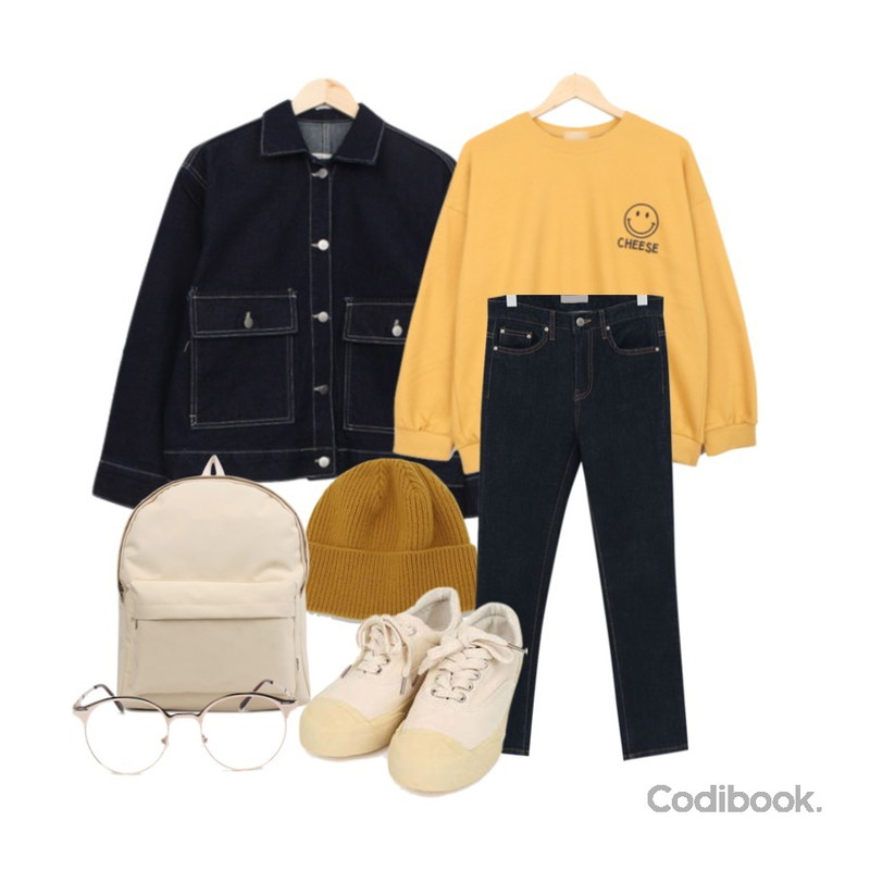 daily monday Kitch wool short beanie,BULLANG GIRL 치즈스마일MTM,BULLANG GIRL 빅포켓청JK등을 매치한 코디