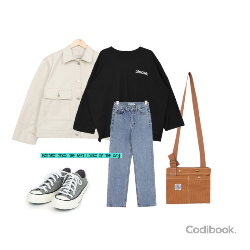 AIN coloring canvas sneakers (225-250),BULLANG GIRL 똑딱이포켓크로스백,BULLANG GIRL 빅포켓청JK등을 매치한 코디