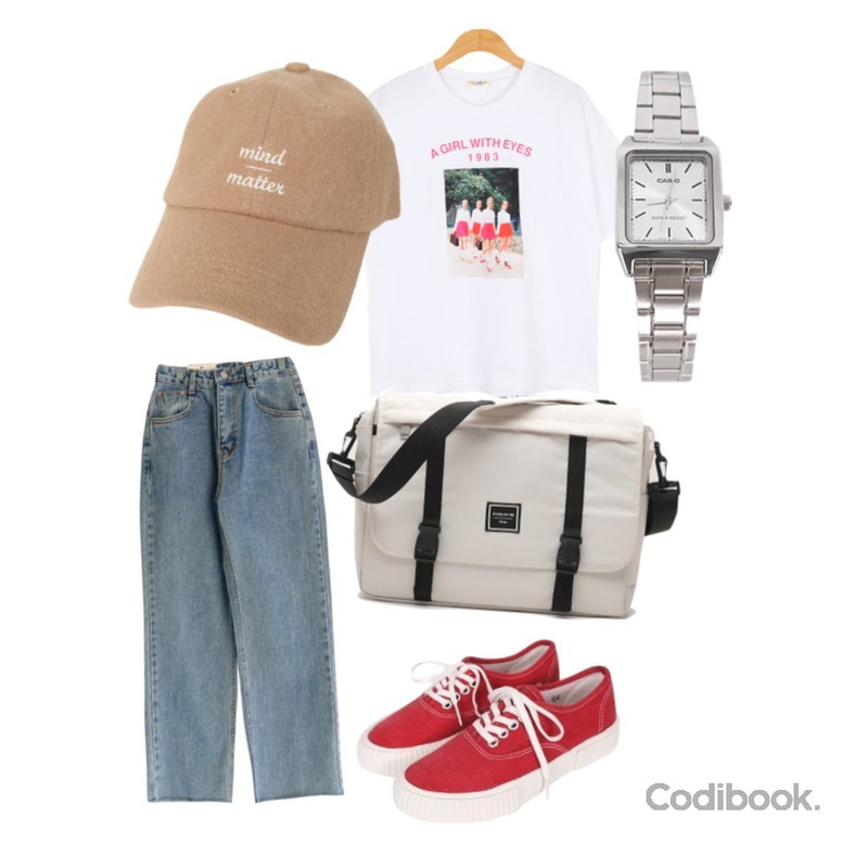 BULLANG GIRL 레트로걸스T(썬/네이비 당일출고),biznshoe Couple sneakers (4color),GIRLS RULE 히든 아이스 와이드 데님 (pt1960)등을 매치한 코디