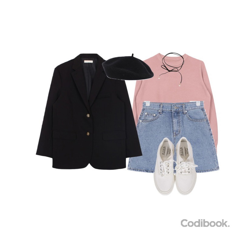 biznshoe Soft round knit (11colors),biznshoe Boy fit single jacket (2colors),AIN just denim mini skirt (s, m, l)등을 매치한 코디
