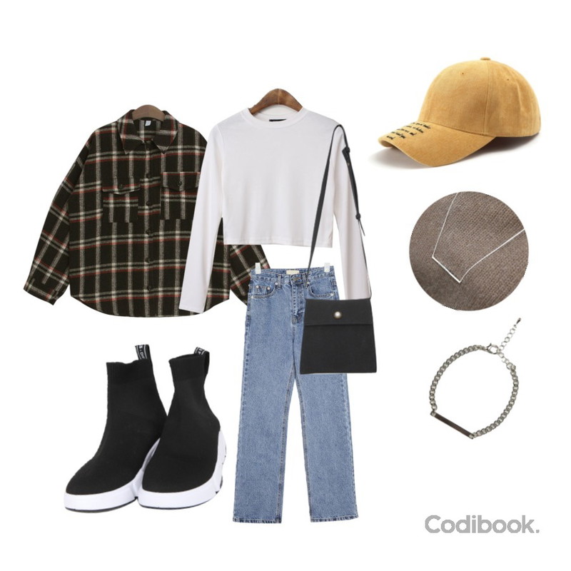 BACHO 스디프 크롭 긴팔티,AIN canoe semi boots cut denim pants (s, m),TODAY ME 브리얼 남방등을 매치한 코디