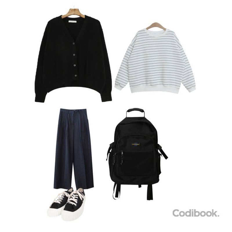 BULLANG GIRL 스트캐쥬스니커즈,AFTERMONDAY pintuck detail wide denim (2colors),Zemma World A라인 램스울가디건등을 매치한 코디