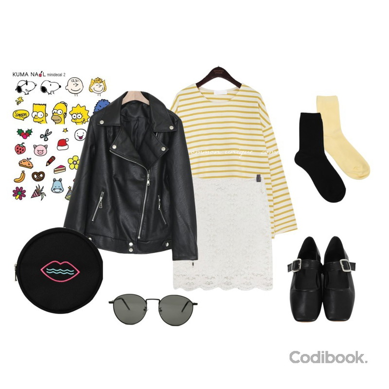 MIXXMIX Basic 알파벳,common unique 5 COLOR ONE DAY STRIPE LONG SLEEVE T,acomma 플린 플라워 레이스 - sk (3COLOR)등을 매치한 코디