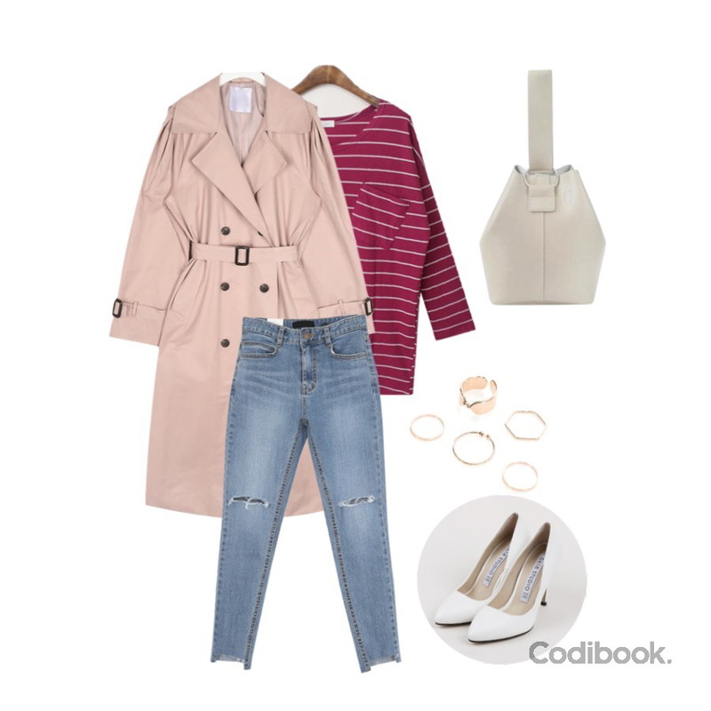 AIN rose cape trench coat,AWAB 스페어리스키니,BACHO 모닝 포켓 스트라이프등을 매치한 코디