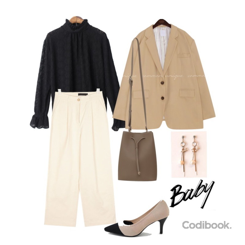 LOVELY SHOES 누카엘 하이힐 7cm,AIN baguette wide cotton pants (s, m),BACHO 로코코 레이스 프릴 블라우스등을 매치한 코디
