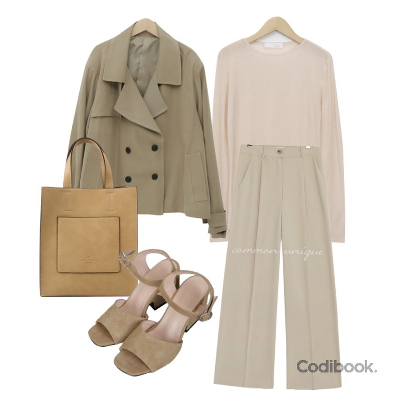 common unique [BOTTOM] RENO SET-UP PINTUCK WIDE SLACKS,From Beginning Made_outer-132_half trench jacket_S (size : free),From Beginning Wool tencel golgi T_H (울 30%) (size : free)등을 매치한 코디