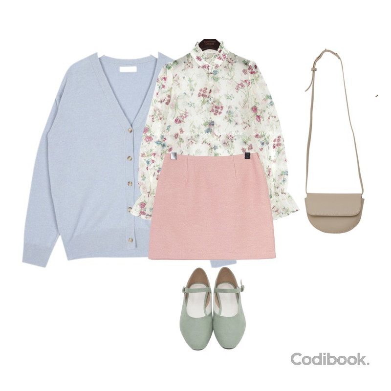 common unique TWINKLE FLOWER SEETHROUGH BLOUSE,AIN mark baby wool cardigan,ROCOSIX 마이미 데일리 스커트등을 매치한 코디