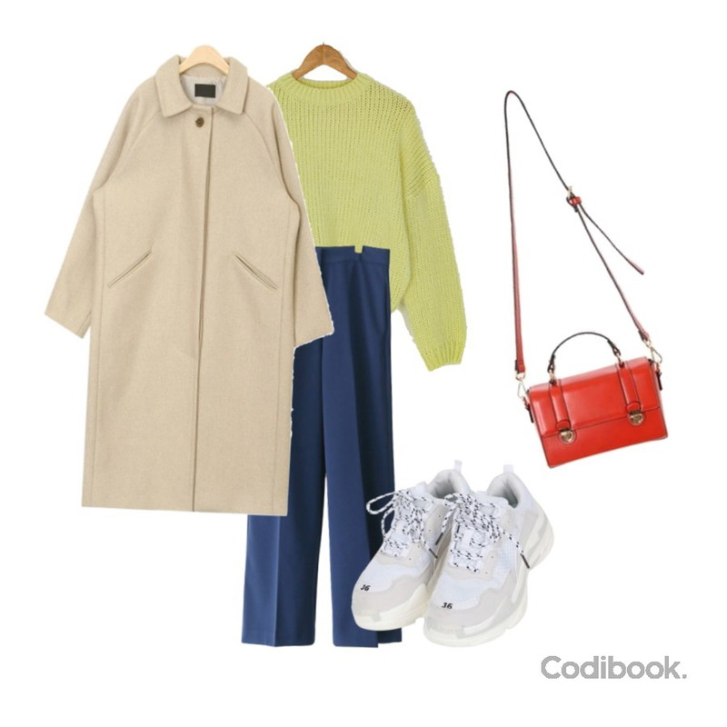 BULLANG GIRL 레츠고런닝화,AFTERMONDAY loose flexible long slacks(3colors),BANHARU gorgeous color knit등을 매치한 코디
