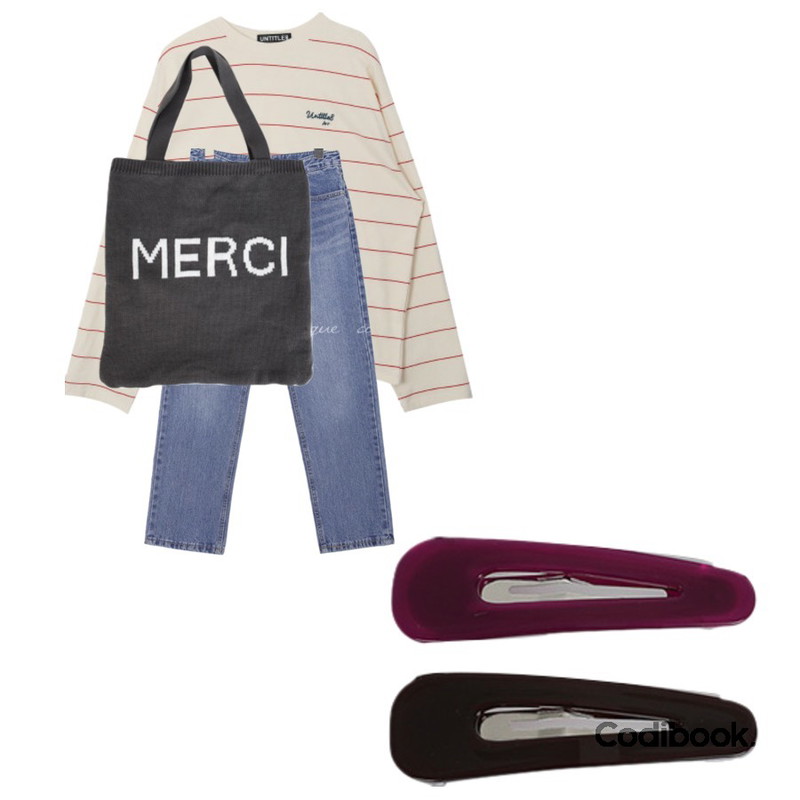 BULLANG GIRL 걸스메르시에코백,common unique LATE STRAIGHT DENIM PANTS,MIXXMIX Wide Stripe Point Top등을 매치한 코디