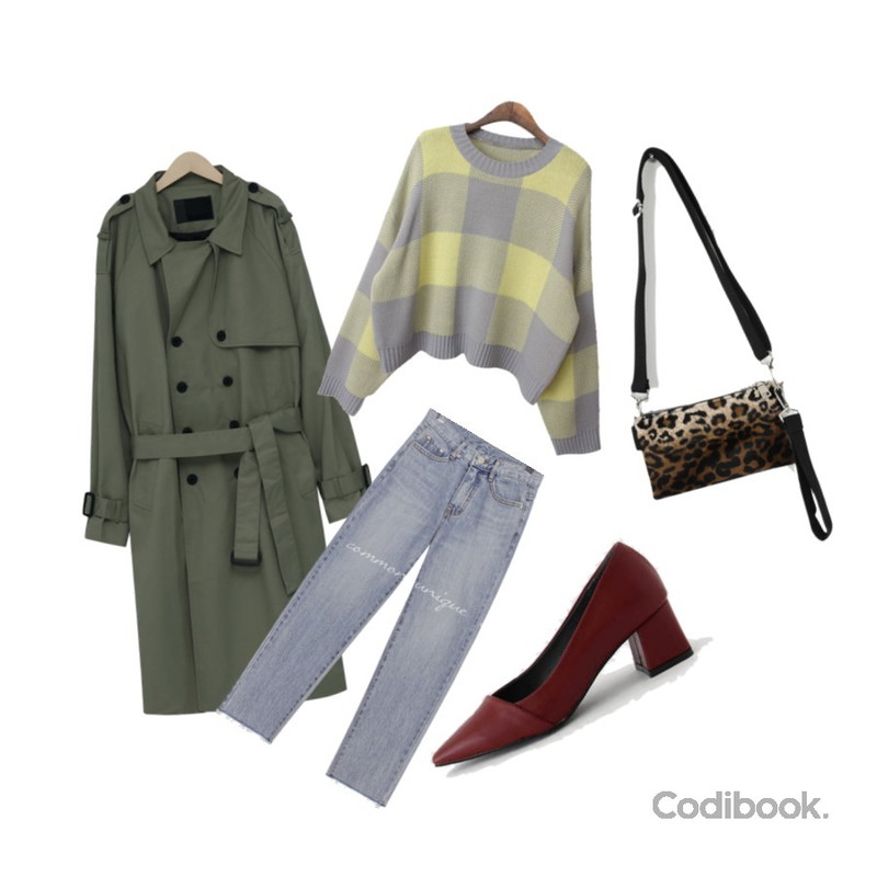 From Beginning London unisex trench coat_B (size : L,LX)[블랙, 카키, 베이지L : 03월 15일 입고 후 순차적배송],common unique [BOTTOM] CRUM SEMI BAGGY DENIM PANTS,BACHO 셀로나 라운드 체크니트 니트등을 매치한 코디