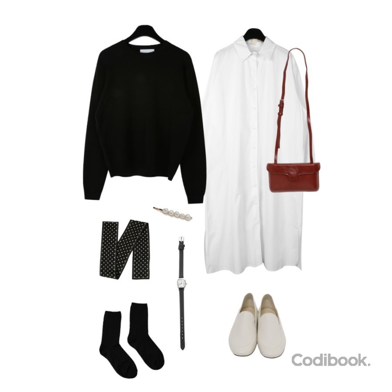 From Beginning Stump round loafer_K (size : 225,230,235,240,245,250),daily monday Basic cotton shirt dress,daily monday Soft basic round knit등을 매치한 코디