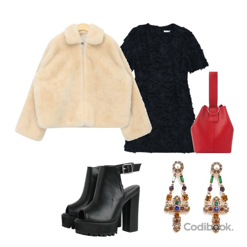 AIN live collar fur jacket,common unique SHINE CROSS CUBIC DROP EARRING,MIXXMIX 로이 파티 반팔 원피스등을 매치한 코디