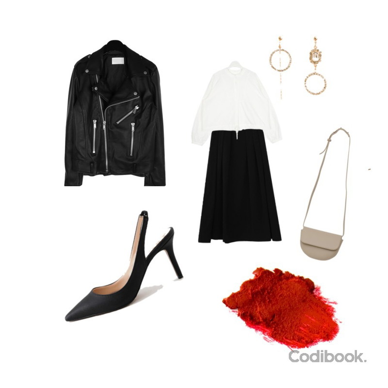 From Beginning Pout mini bag_S (size : one)[베이지, 블랙 : 03월 12일 입고 후 순차적배송],Zemma World 로마의휴일 햅번스커트,daily monday Standard leather rider jacket등을 매치한 코디