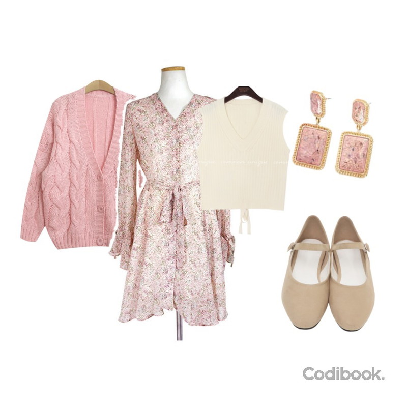 TODAY ME [cardigan]메이니 가디건,MOMORIT 브이넥 플라워 미니원피스 (2color),common unique MORIZ BACK STRAP KNIT VEST등을 매치한 코디