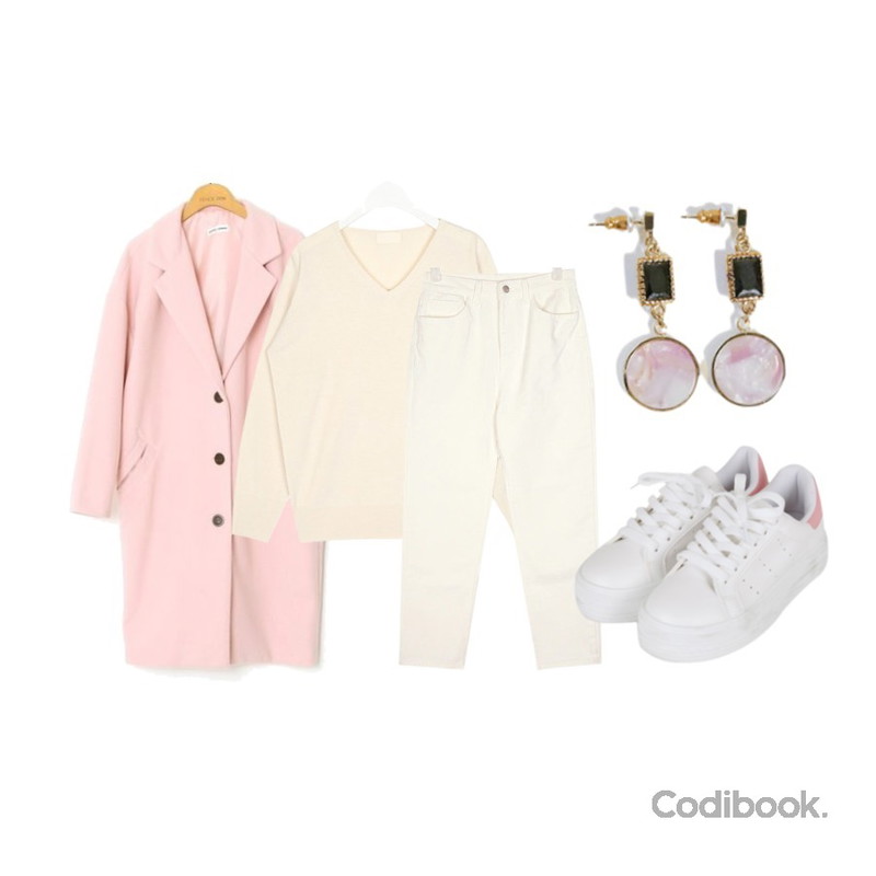 파스텔 롱 코트,AIN more straight cotton pants (s, m, l),AIN cash pastel v-neck knit등을 매치한 코디