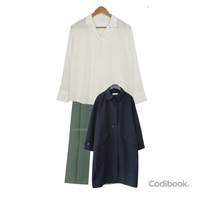 AFTERMONDAY two button point coat (3colors),common unique ROAD PINTUCK WIDE LONG SLACKS,AWAB 찰랑미스유블라우스등을 매치한 코디