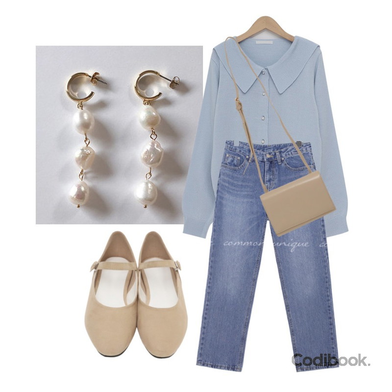 lavenir venus earring,From Beginning Blanc pearl knit cardigan_K (size : free),common unique LATE STRAIGHT DENIM PANTS등을 매치한 코디