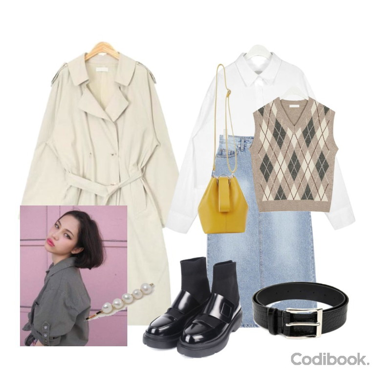 AIN keep daily mood trench coat,AIN cozy cotton crop shirts,AIN little denim long skirt (s, m)등을 매치한 코디