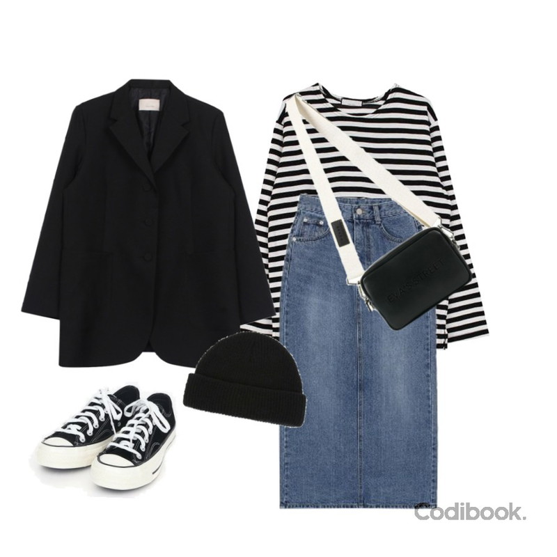 biznshoe Denim long skirt (2color),biznshoe Loose fit stripe knit (3color),biznshoe Over long jacket (2colors)등을 매치한 코디