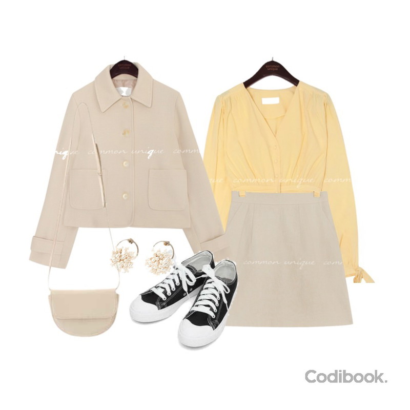 common unique BLONDE RIBBON SHIRRING LINE BLOUSE,common unique POUND SET-UP SINGLE JACKET,common unique [SKIRT] LANDO LINEN SET-UP MINI SKIRT등을 매치한 코디