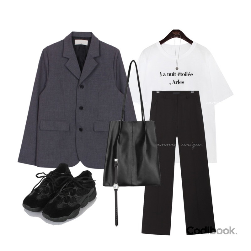 common unique ARLES LETTERING 1/2 T,common unique ROUTINE WIDE LONG SLACKS,biznshoe Back button jacket (2color)등을 매치한 코디