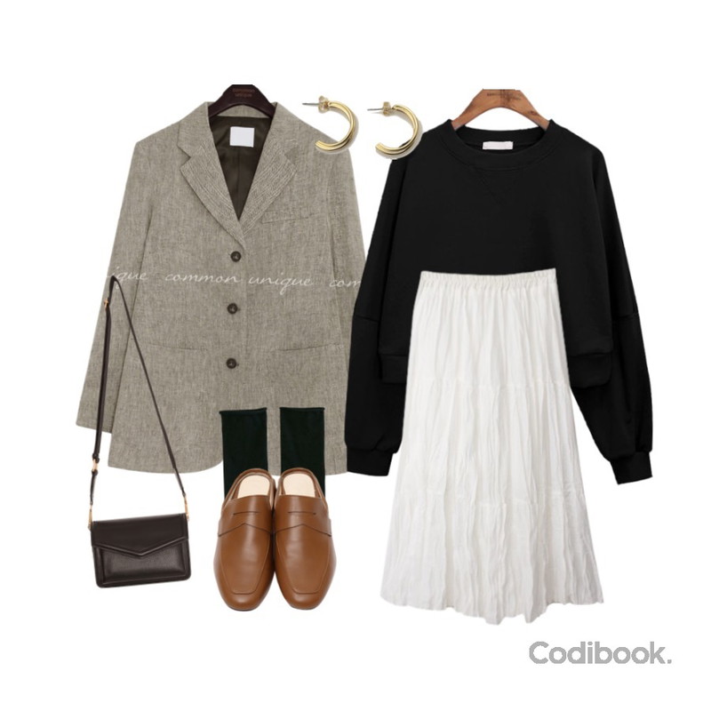 BANHARU shirring slim fit ankle stocking,common unique HERRINGBONE LINEN SET-UP JACKET,common unique BRIGHT 7 COLOR CROP MTM등을 매치한 코디