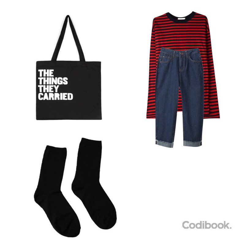 openthedoor lettering ecobag (2 color),BACHO 롤업 일자 컷오프 팬츠,GIRLS RULE 플레이 빈 스트라이프 티셔츠 (t6014)등을 매치한 코디