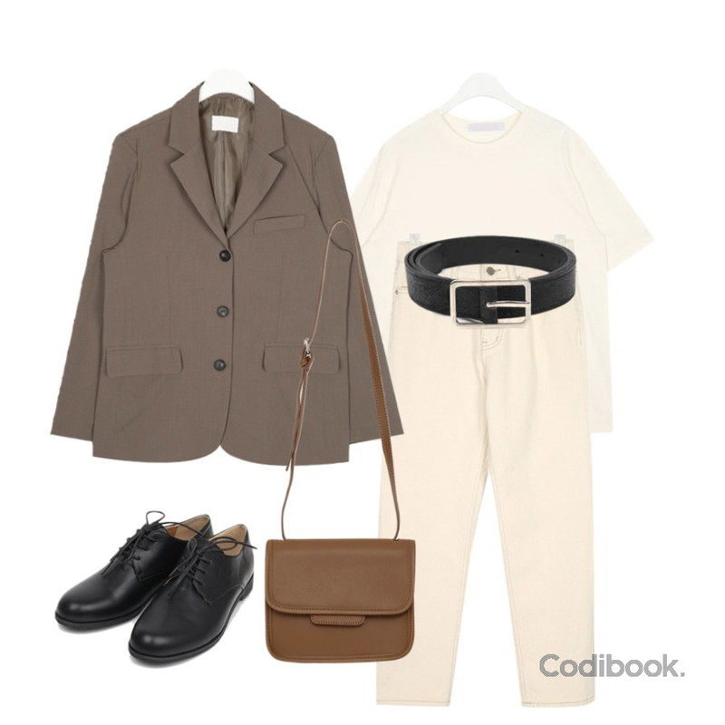 AIN the very basic half T,AIN alight cream straight pants (s, m),AIN howl 3-button jacket등을 매치한 코디