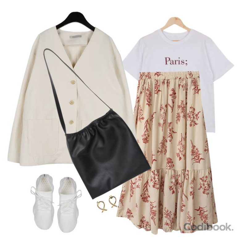 BULLANG GIRL 쉼표파리T,daily monday Non-collar cotton jacket,BACHO 로맨틱 주름 스커트등을 매치한 코디