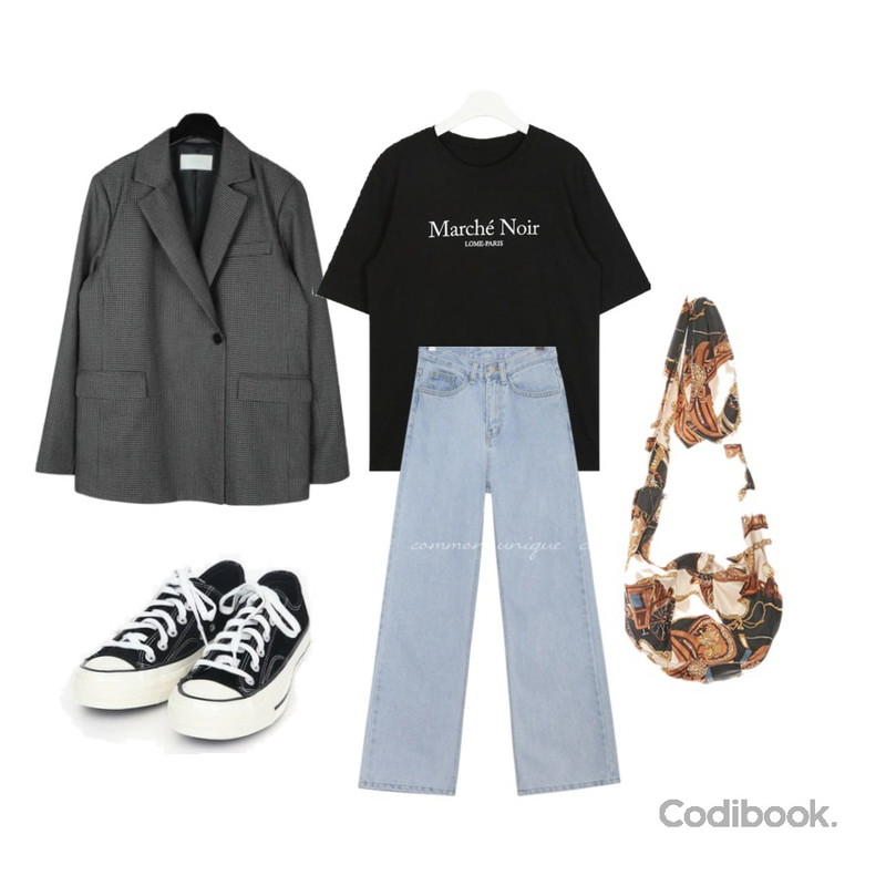 AIN lome paris T,daily monday Vintage check manish jacket,common unique [BOTTOM] CLUE STRAIGHT WIDE DENIM PANTS등을 매치한 코디