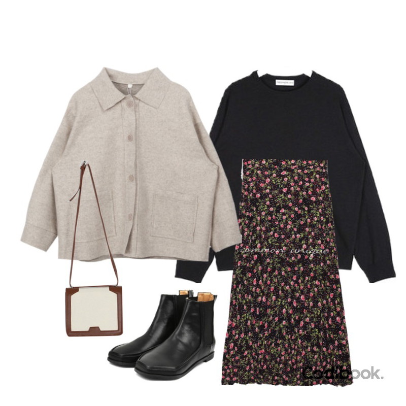 openthedoor hexagon chelsea boots (2 color),common unique [SKIRT] SELENA FLOWER CREASE LONG SKIRT,AIN FRESH A soft round knit등을 매치한 코디