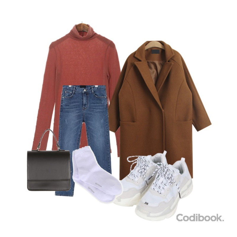 TODAY ME 트루스 롱 코트,AIN milk slim denim pants (s, m, l),ROCOSIX 멀티 폴라 티셔츠등을 매치한 코디