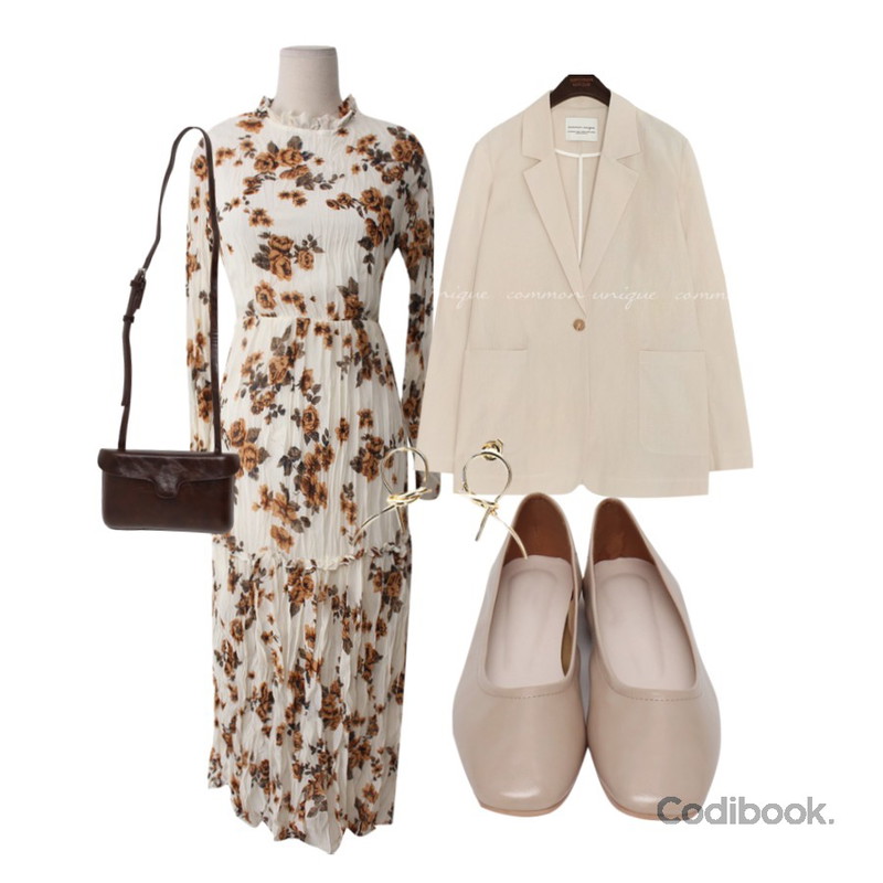 common unique [OUTER] LANDO LINEN SET-UP SINGLE JACKET,BACHO 감성 프릴 롱원피스,From Beginning Well round flat shoes_Y (size : 230,235,240,245,250)등을 매치한 코디