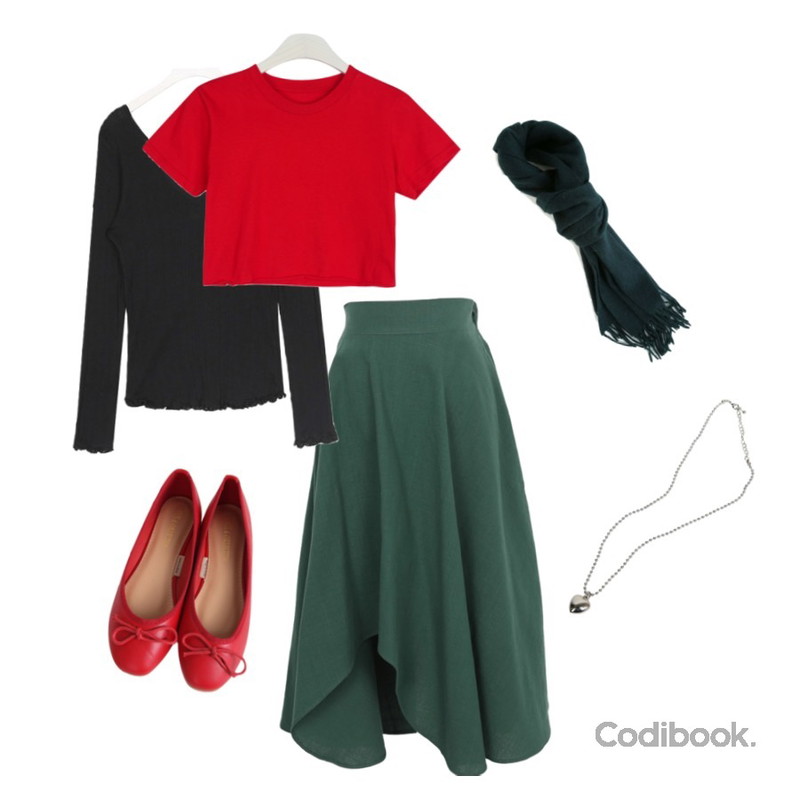 GIRLS RULE 무지 컷팅 크롭티 (t4572),AWAB 미닛린넨플레어스커트,AIN marry v-neck frill T등을 매치한 코디