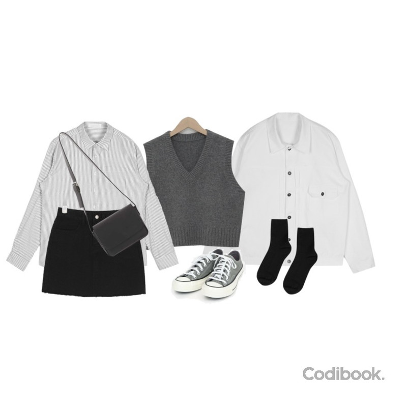 openthedoor DON'T WORRY cotton jacket (2 color) - UNISEX,From Beginning Bless knit crop vest_M (울 60%) (size : free),openthedoor tidy stripe shirts (5 color) - men등을 매치한 코디