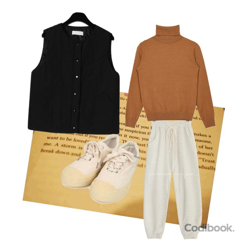 Untitled,daily monday Wearable vest padding,common unique NUNZ BANDING JOGGER PANTS등을 매치한 코디