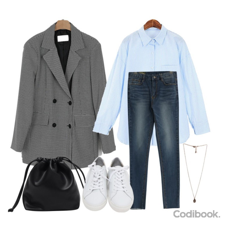 ROCOSIX 브렐던 체크 셔츠,From Beginning Wire strap bucket bag_S (size : one),somedayif mark check over fit double jacket등을 매치한 코디
