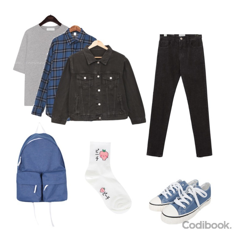 ROCOSIX 스위티 체크 셔츠,common unique 6 COLOR SUN SHOT RAYON 1/2 T,BULLANG GIRL 데일리굿픽JK등을 매치한 코디