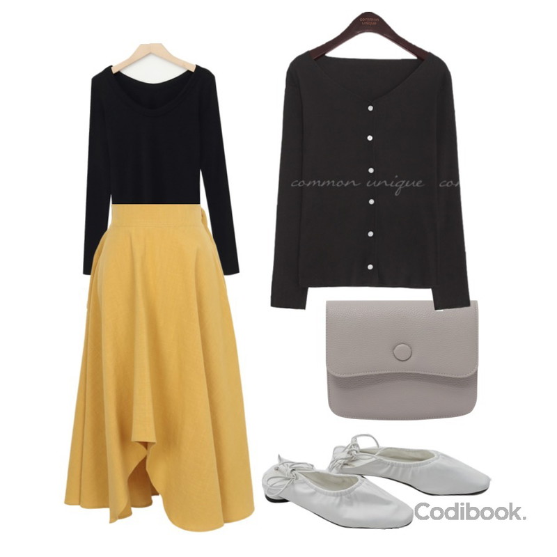 AWAB 미닛린넨플레어스커트,daily monday Soft lace-up shoes,From Beginning Tension slim u-neck T_K (size : free)등을 매치한 코디