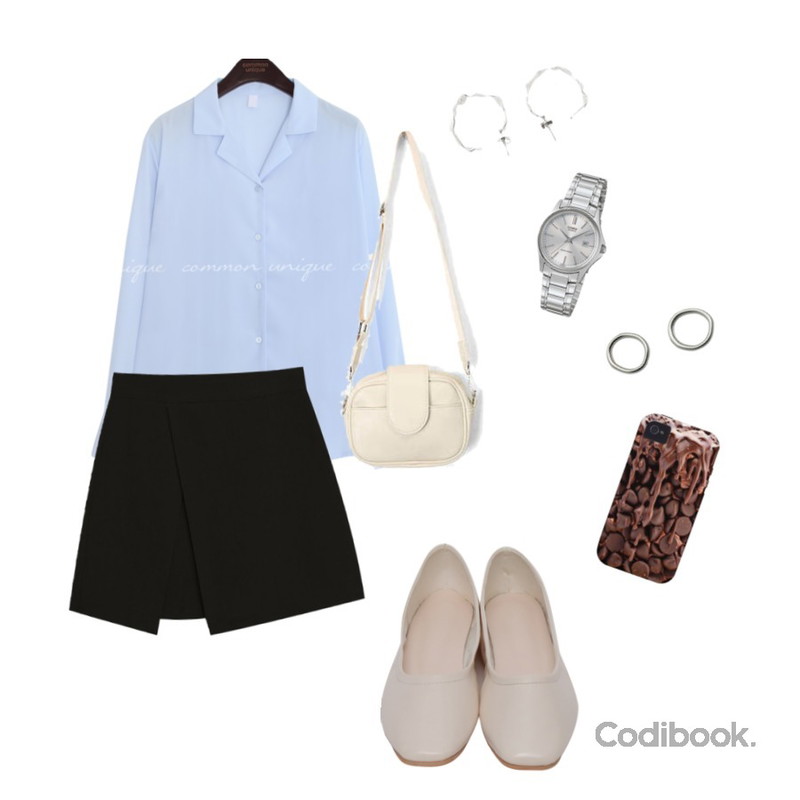 TODAY ME 로나 스커트,From Beginning Well round flat shoes_Y (size : 230,235,240,245,250),common unique WAZE SILKY COLLAR BUTTON BLOUSE등을 매치한 코디
