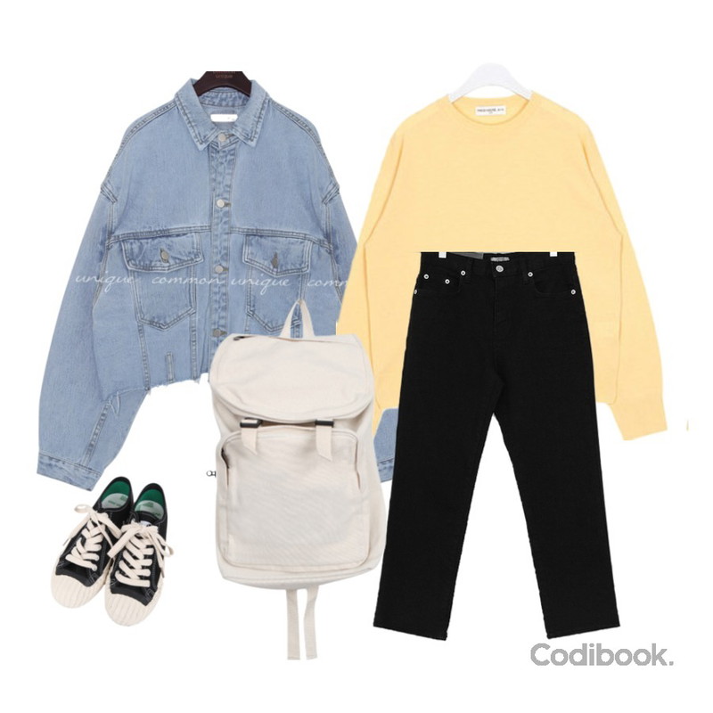 Zemma World Cheese Black Jean (ver.리틀보이핏),AIN FRESH A plain round knit,common unique MILLY UNIQUE BOXY DENIM JACKET등을 매치한 코디