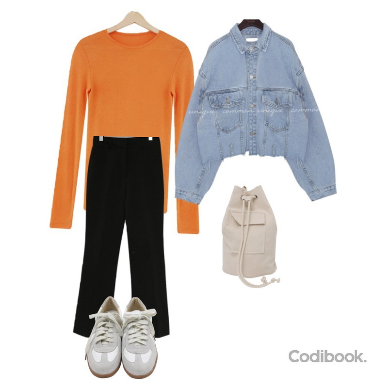 Zemma World GENTLE SLACKS /ver.S/S슬림부츠컷,acomma 레인보우 - t (6COLOR),common unique MILLY UNIQUE BOXY DENIM JACKET등을 매치한 코디