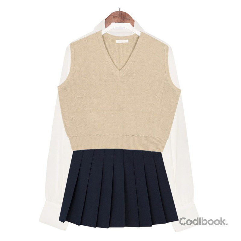 MIXXMIX HIDE Beltring Tennis Skirt Pants,common unique [TOP] ALICE RIBBON TIE CHIFFON BLOUSE,AIN flor simple vest등을 매치한 코디