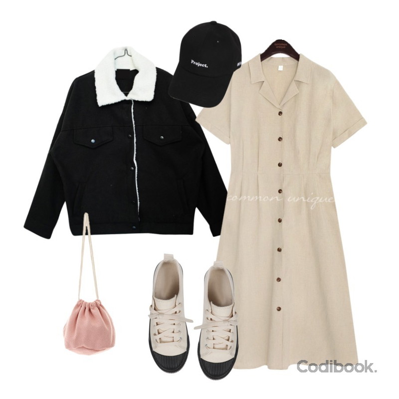 ROCOSIX 쵸인 복조리 백,GIRLS RULE 양털 귀요미 재킷 (jk615),common unique PASTON LINEN COLLAR PINTUCK OPS등을 매치한 코디