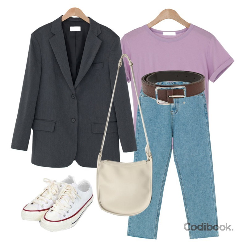 BANHARU two button over fit jacket,BANHARU sleeve roll-up tee,BANHARU straight fit cutting jean등을 매치한 코디